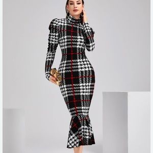 SHEIN Plaid High Neck Long Sleeve Dress